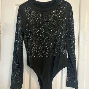 NWOT Boutique Black Long Sleeve Bodysuit with Silver Studs
